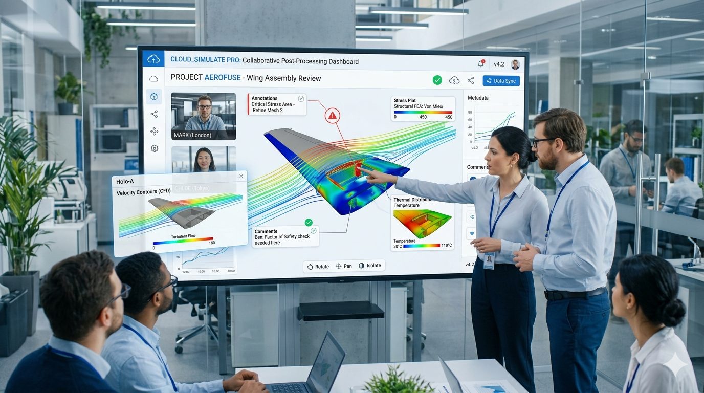 Team reviewing simulation results together on a shared dashboard
